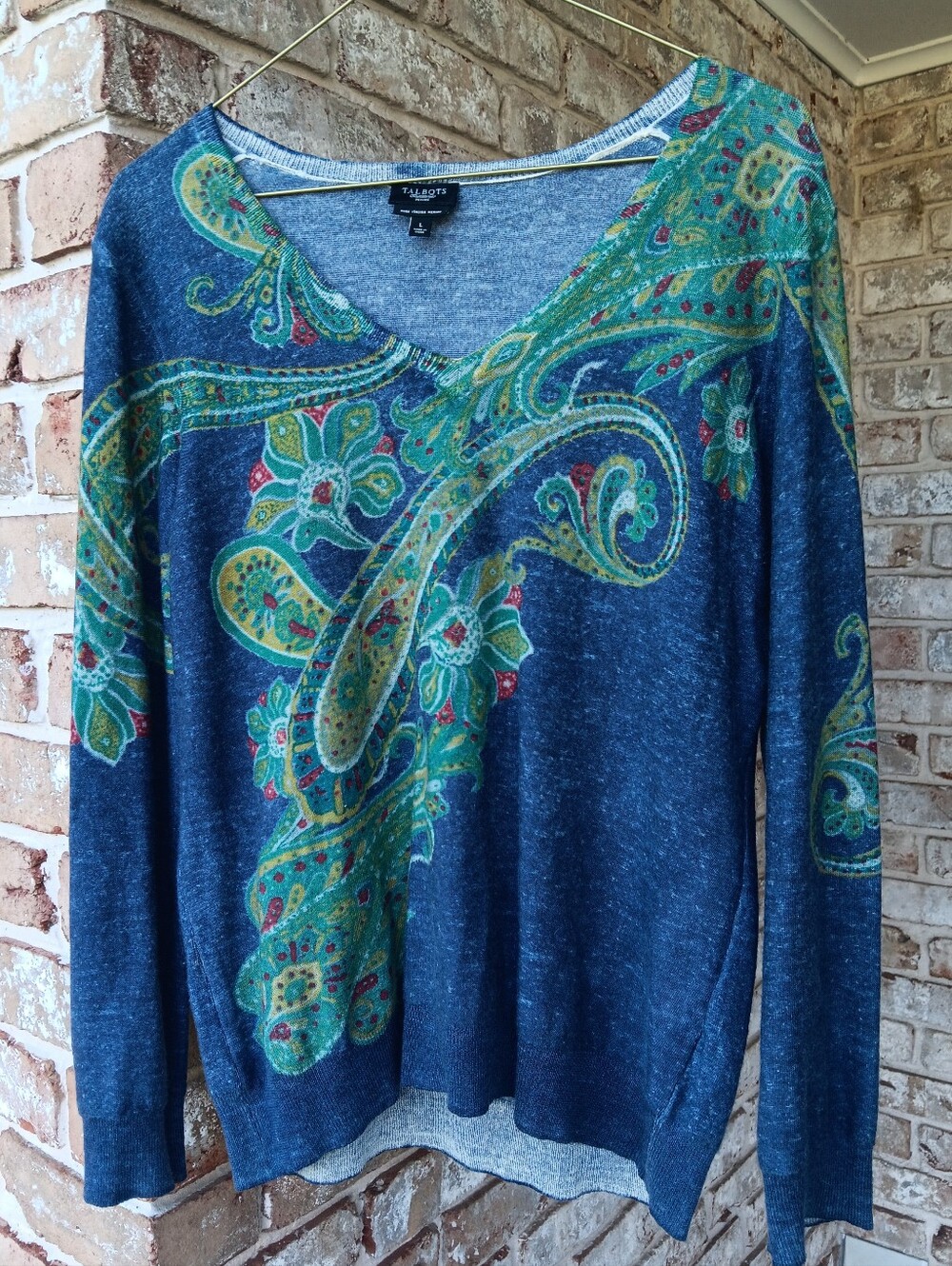 Talbots Navy Blue Paisley V‑Neck Merino Sweater